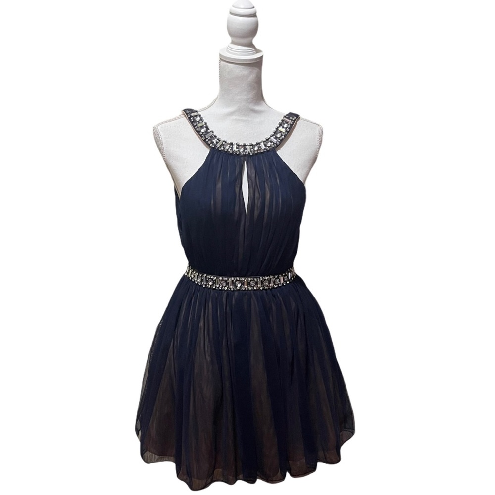 Beautiful Way-In Navy Chiffon Jeweled Prom Dress